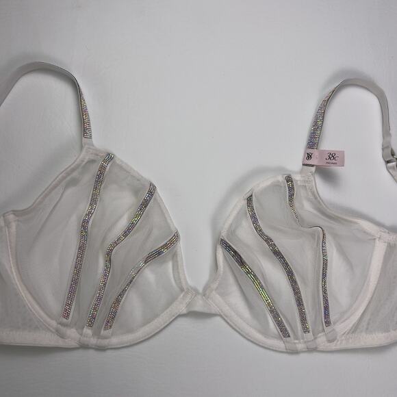 Victoria's Secret Bra Very Sexy Low Cut Demi White Mesh Shine Strap 38C NWT - Picture 2 of 5